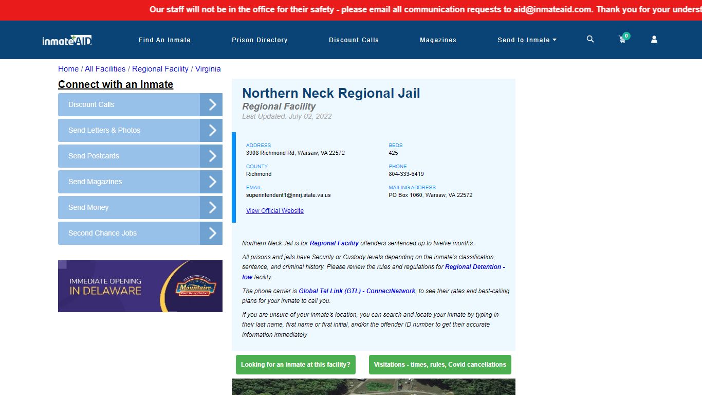 Northern Neck Regional Jail & Inmate Search - Warsaw, VA